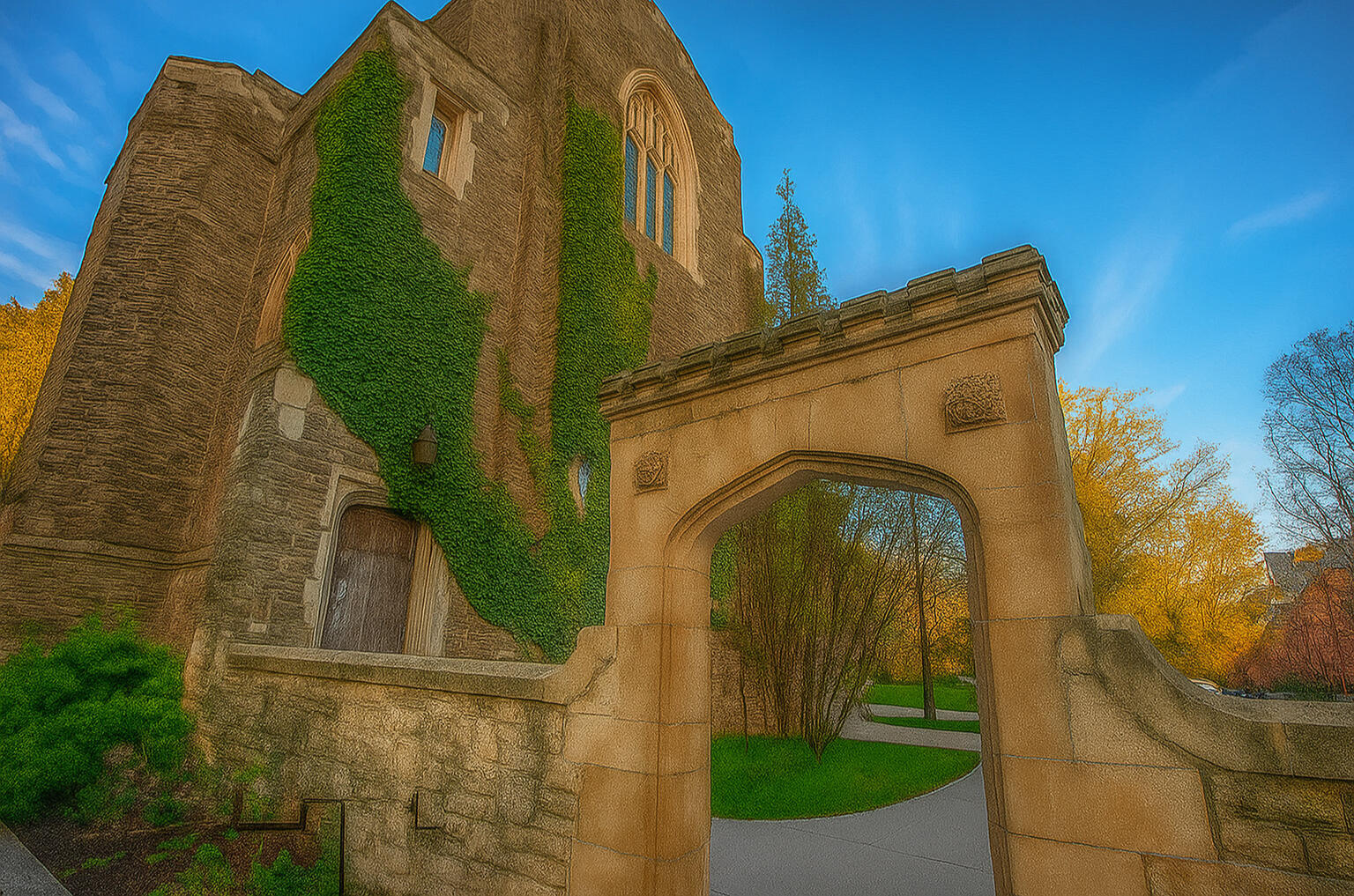 Darkened AI-enhanced McMaster University architectural landmark background for MacSRED website Darkened AI-enhanced image of a McMaster University architectural feature. Background image for MacSRED website, subtly indicating local presence. Shows a recognizable landmark without implying official affiliation. Filtered for professional, muted tones t